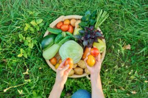 Top view vegetable in basket, woman hands with vegetables